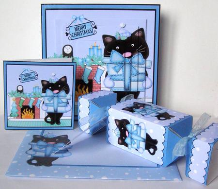 3D Cat's Present Fireplace Xmas Pyramage Gift Set & Cracker by Margaret McCartney