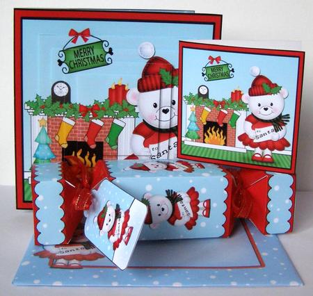 3D Teddy Tess Fireplace Xmas Pyramage Gift Set & Cracker by Margaret McCartney