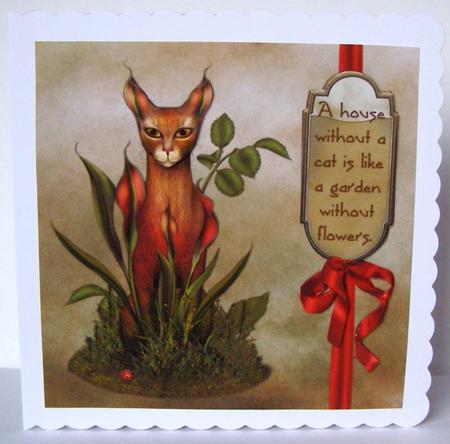 Flower Cat 8x8 Decoupage Card - Red & Green by Margaret McCartney