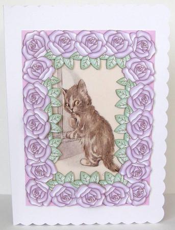 Large Pearly Rose Framed Mischevious Kitty Cat by Margaret McCartney