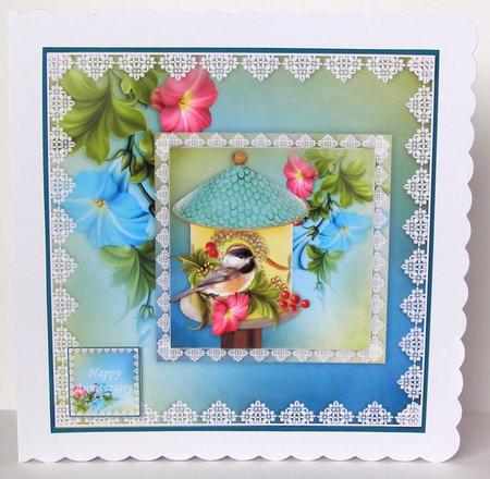 8 x 8 Morning Glory Bird House Card Topper + Ass. Greetings by Margaret McCartney