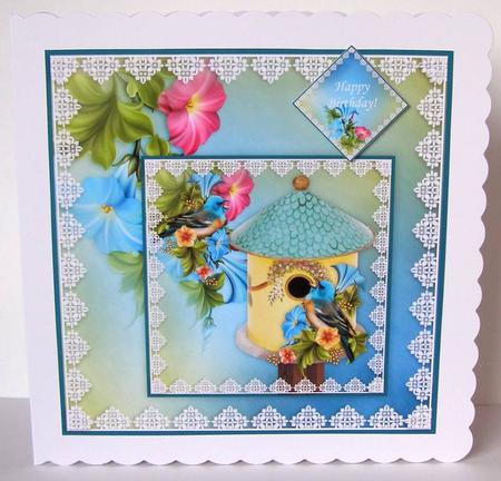 8 x 8 Dawn Chorus at the Bird House Card Topper + Greeting by Margaret McCartney