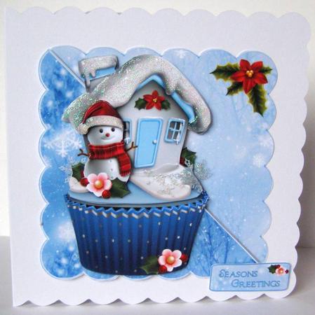 Mr Snowmans Cottage Cupcake Corner Overlap Square Card Front by Margaret McCartney