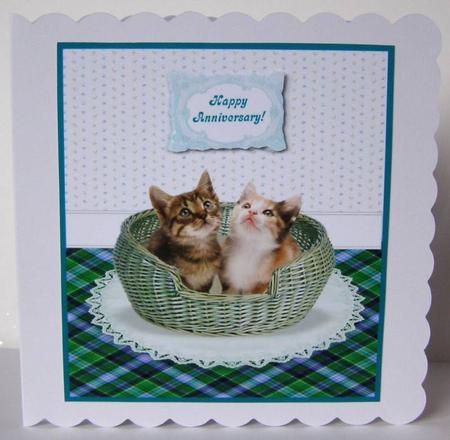 Tabby & Tortie Kittens in a Basket Card Topper + Greetings by Margaret McCartney