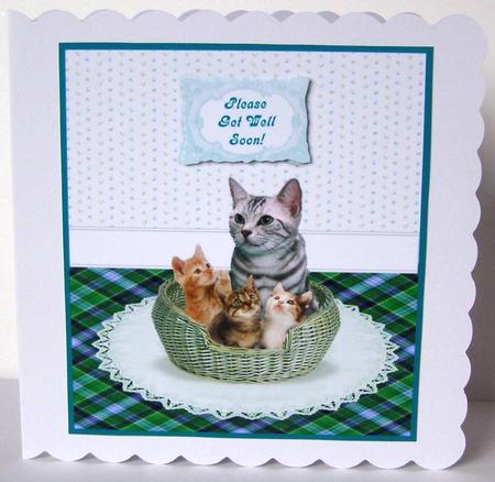 3 x Tabby Kittens & Cat in a Basket Card Topper + Greetings by Margaret McCartney