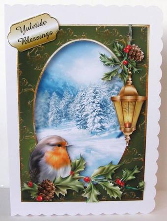 Robin, Holly & Lantern Snowy Scene by Margaret McCartney
