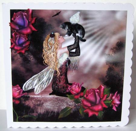 Fantasy Faerie with Kitten and Beautiful Roses 8x8 by Margaret McCartney