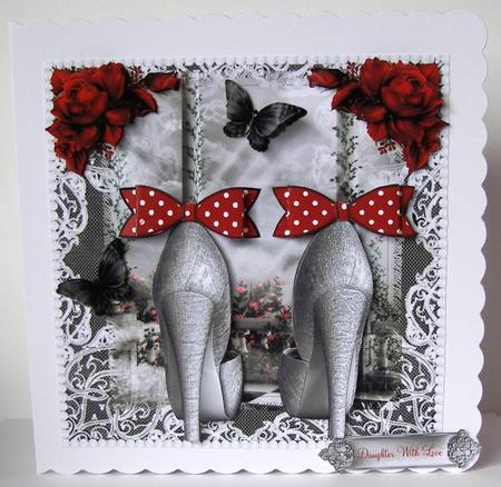 Silver Silk Shoes and Paper Bows Card Front by Margaret McCartney