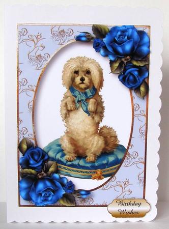 Vintage Dog on Cushion with Blue Roses by Margaret McCartney