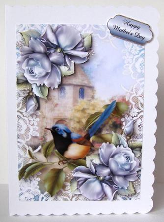 Pretty Porcelain Roses Wren on Lace by Margaret McCartney