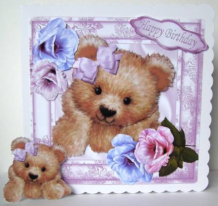 Cute Fuzzy Bear with Pink & Lilac Roses 8x8 Mini Kit by Margaret McCartney