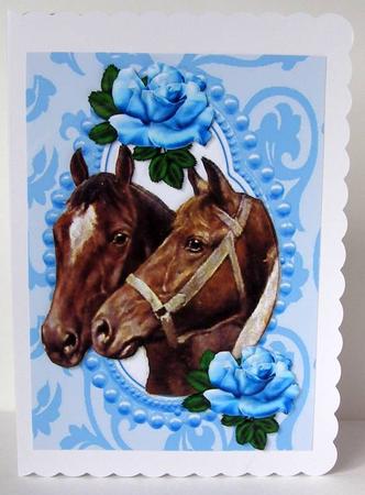Horses with Blue Roses in Ornate Frame by Margaret McCartney