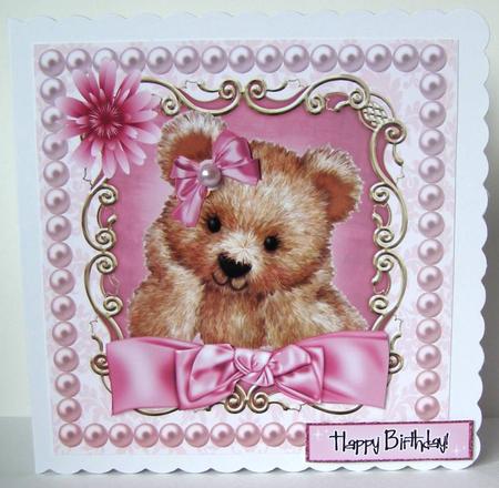 Fuzzy Bear in Pink Pearl Frame with Bow 8x8 by Margaret McCartney