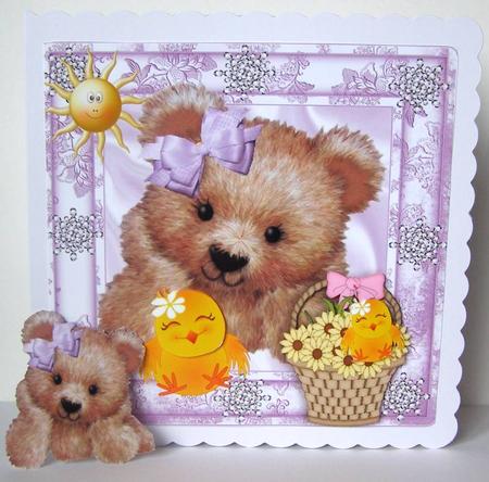 Fuzzy Bear with Basket of Daisies & Chick 8x8 by Margaret McCartney