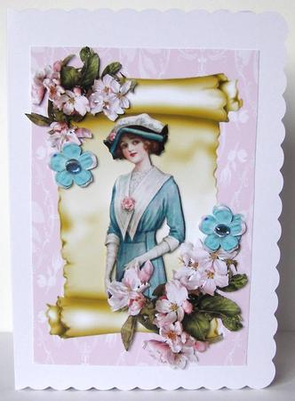 Vintage Lady on a Scroll with Flowers by Margaret McCartney
