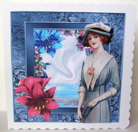 Pretty Lady with Pink/blue Flowers 8x8 by Margaret McCartney