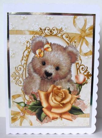 Fuzzy Bear with Pretty Gold Roses on Lace A4 by Margaret McCartney