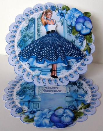 Blue Moon Rock and Roll Lady Scalloped Round Easel Card by Margaret McCartney