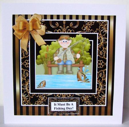 Fishing Day - 8 x 8 Black Gold for Men & Women Card Topper by Margaret McCartney