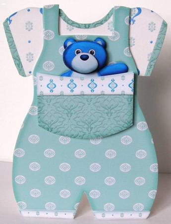 Baby Romper Shaped Card Blue Bear by Margaret McCartney
