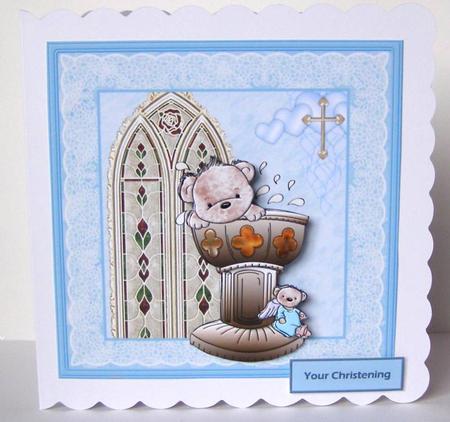 Boy Bear Christening Card with Decoupage by Margaret McCartney