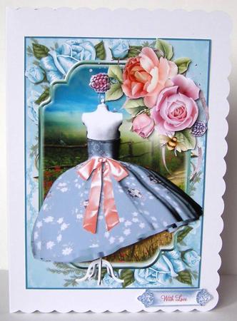Beautiful Blue Dress with Peach and Pink Roses by Margaret McCartney