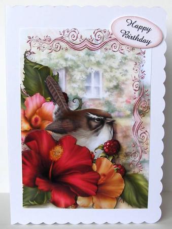 Hibiscus Flowers and Bird with Decoupage by Margaret McCartney