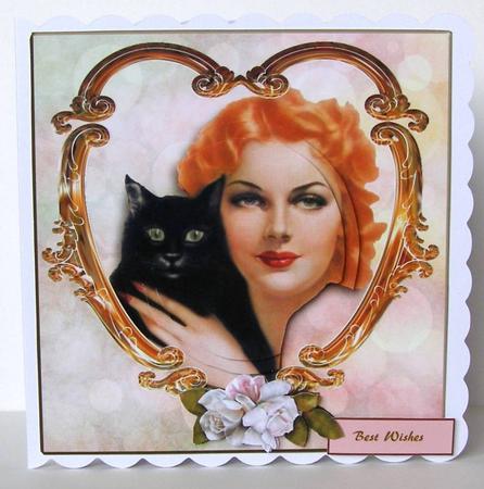 Black Cat and Lady Portrait with Pyramid and Decoupage Layer by Margaret McCartney