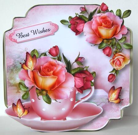 Teacup, Saucer & Peach Roses - Shaped Topper by Margaret McCartney