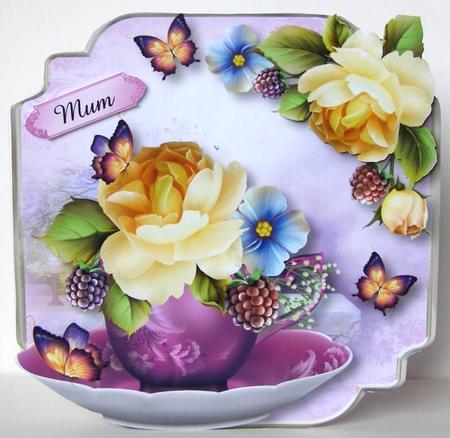 Teacup, Saucer & Yellow Roses - Shaped Topper by Margaret McCartney
