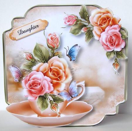 Teacup, Saucer & Rosy Glow Roses - Shaped Topper by Margaret McCartney