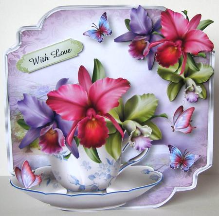 Teacup, Saucer & Orchids - Shaped Topper by Margaret McCartney