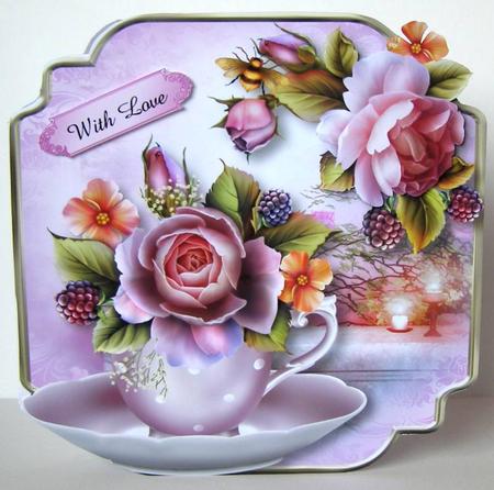Teacup, Saucer & English Roses - Shaped Topper by Margaret McCartney