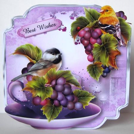 Teacup, Saucer & Purple Grapes - Shaped Topper by Margaret McCartney