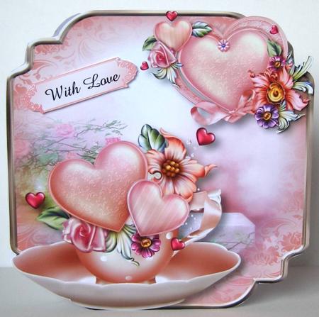 Teacup, Saucer, Hearts & Flowers - Shaped Topper by Margaret McCartney