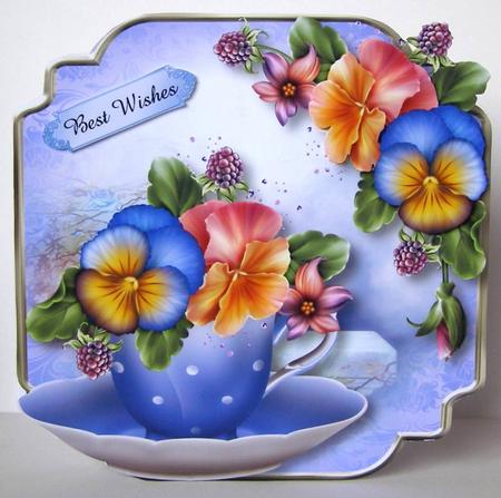 Teacup, Saucer & Pansies - Shaped Topper by Margaret McCartney