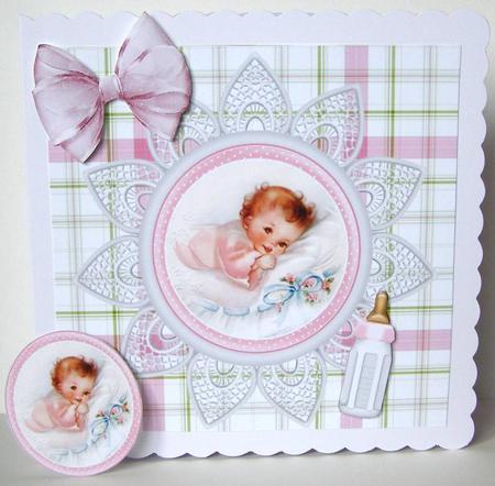 Cute Little Baby Girl with Her Bottle on Lace 8x8 by Margaret McCartney