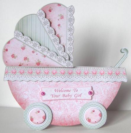 New Baby Girl Pink Pram Shape Card 3 Sheet Mini Kit by Margaret McCartney