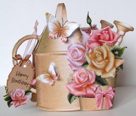 Beautiful Watering Can and Plant Pot Mixed Roses Shaped Card by Margaret McCartney