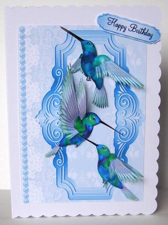 Pretty Blue & Green Humming Birds with Lace by Margaret McCartney