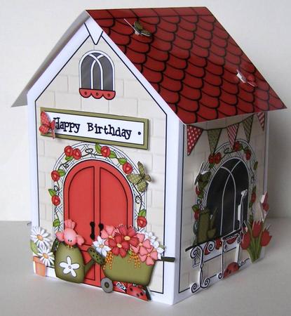 3D Little Country Cottage Rubber Band Pop Up Card by Margaret McCartney