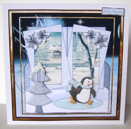 Penguin Skating 7x7 Card with Decoupage by Margaret McCartney