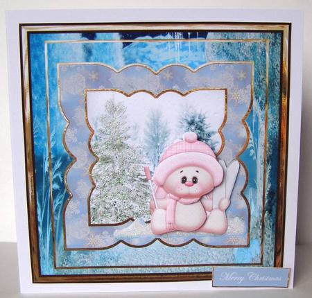 Skying Snow Bunny 7x7 Card with Decoupage by Margaret McCartney