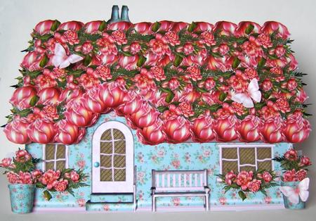Beautiful Rose Cottage Shaped Card by Margaret McCartney