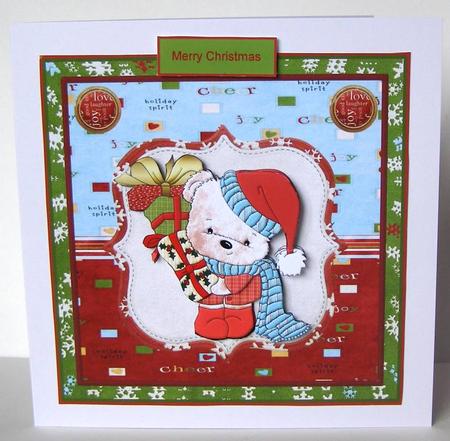 Teddy Brings Christmas Gifts 7x7 Card with Decoupage by Margaret McCartney