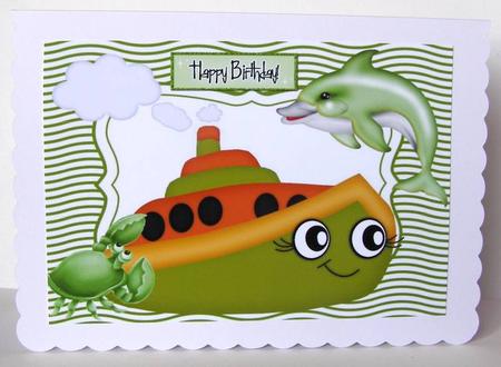 Dolphin with Toony Green Boat and Little Crab A4 by Margaret McCartney