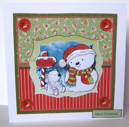 Snowman and Teddy Bear Friend 7x7 Card with Decoupage by Margaret McCartney