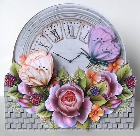 Vintage Clock, English Roses& Butterflies by Margaret McCartney