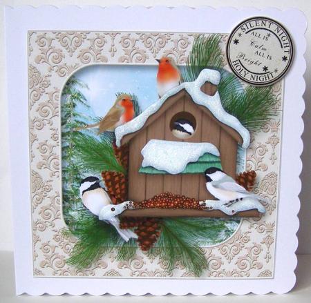 Christmas Birdhouse with Robins and Chickadees by Margaret McCartney