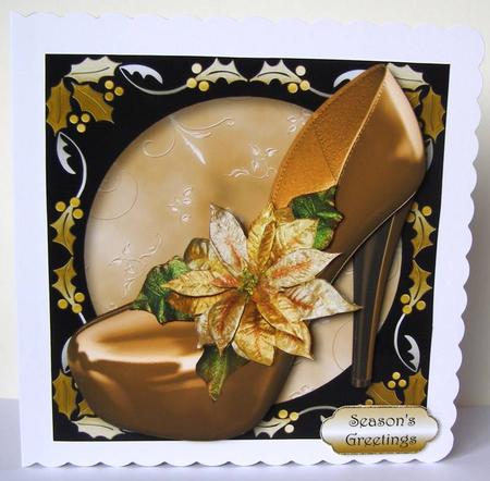 Christmas Shoe with Holly Frame - Gold Poinsettias by Margaret McCartney
